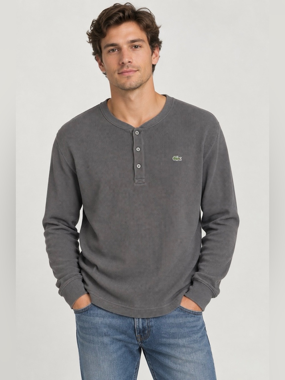 Lacoste Men’s 100% Cotton Waffle Knit Henley Long sleeve Charcoal Gray size 7/XL